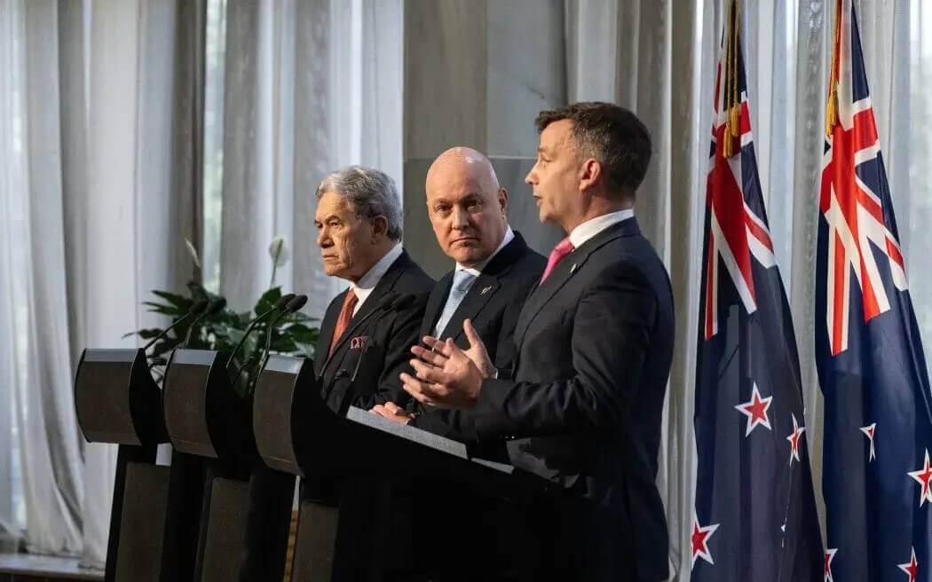 Coalition Signing - National, NZ First, Act, NZ 2023 Coalition government David Seymour, Christopher Luxon, Winston Peters, Coalition Signing, Photo: RNZ Phil Smith